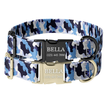 Blue camo Camo Personalized Dog Collar Adjustable Engraved Name Buckle Quick Release Pet Collar RET-614-05