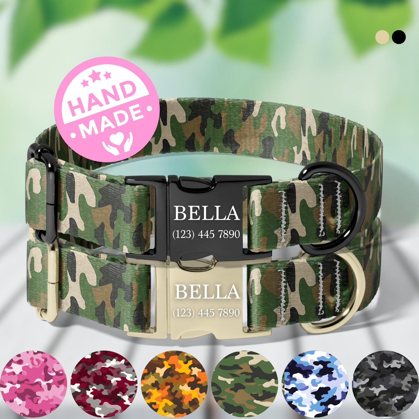 Green camo Camo Personalized Dog Collar Adjustable Engraved Name Buckle Quick Release Pet Collar RET-614-04