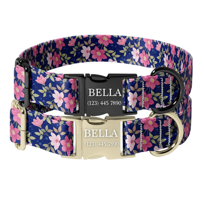 Personalized Floral Dog Collar dark floral Custom Name Adjustable Quick Release Durable Pet Collar RET-608-01