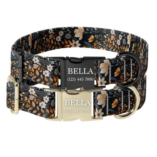 Personalized Floral Dog Collar retro daisy Custom Name Adjustable Quick Release Durable Pet Collar RET-608-04
