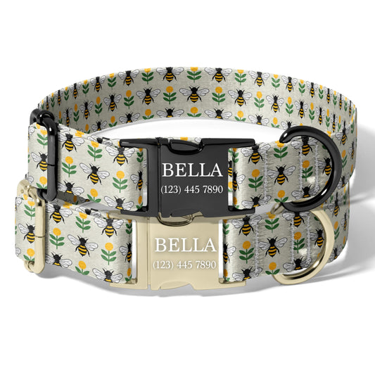 Personalized Bee Dog Collar Custom Engraved Bold Bee Adjustable Quick Release Collar RET-611-06