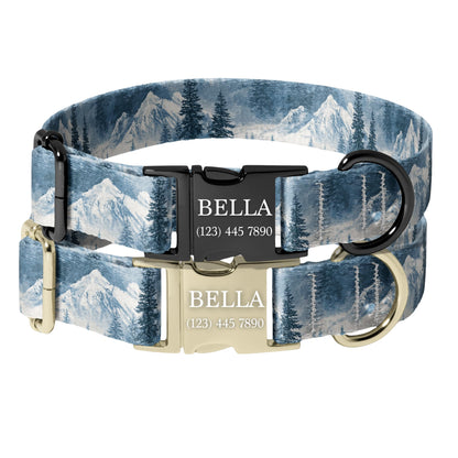Winter Mountain Dog Collar Personalized Engraved Name Snow Forest Adjustable Pet Collar RET-602-04