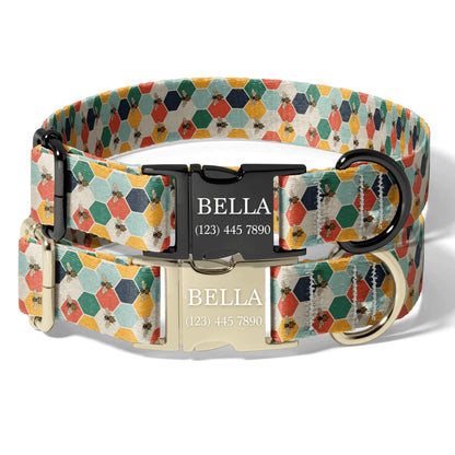 Personalized Bee Dog Collar Custom Engraved Stripe Bee Adjustable Quick Release Collar RET-611-02