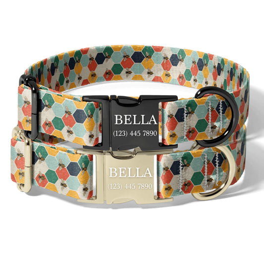 Personalized Bee Dog Collar Custom Engraved Stripe Bee Adjustable Quick Release Collar RET-611-02