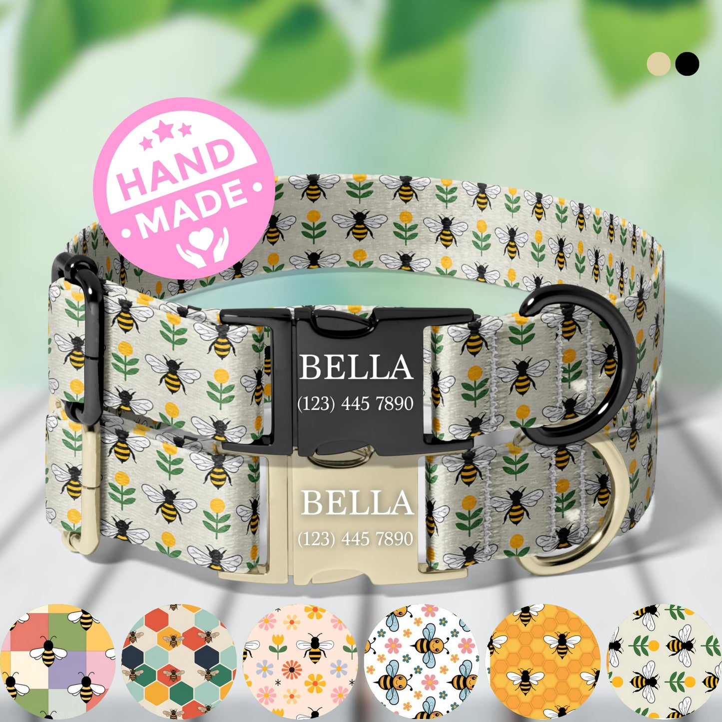 Personalized Bee Dog Collar Custom Engraved Bold Bee Adjustable Quick Release Collar RET-611-06