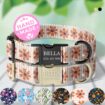 Personalized Floral Dog Collar folk floral Custom Name Adjustable Quick Release Durable Pet Collar RET-608-05