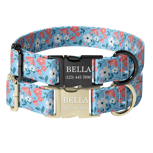 Personalized Floral Dog Collar light floral Custom Name Adjustable Quick Release Durable Pet Collar RET-608-02