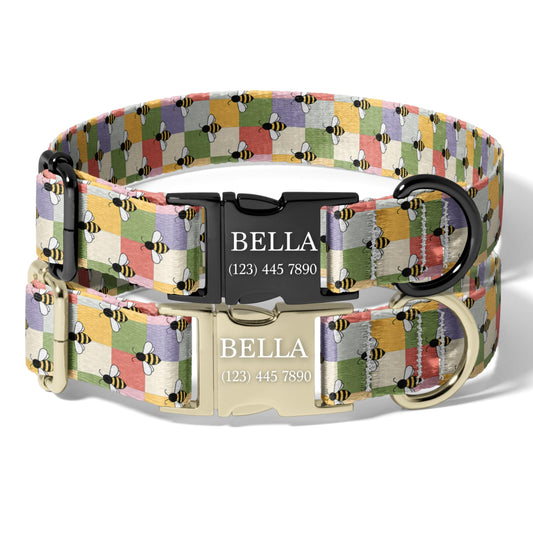 Personalized Bee Dog Collar Custom Engraved Patchwork Bee Adjustable Quick Release Collar RET-611-01