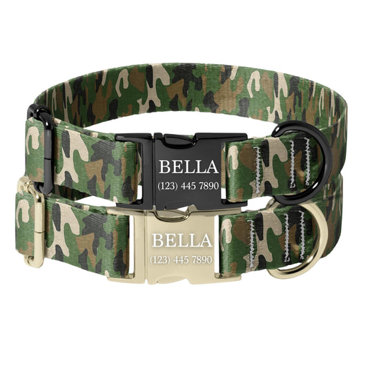Green camo Camo Personalized Dog Collar Adjustable Engraved Name Buckle Quick Release Pet Collar RET-614-04