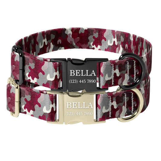 Red camo Camo Personalized Dog Collar Adjustable Engraved Name Buckle Quick Release Pet Collar RET-614-02