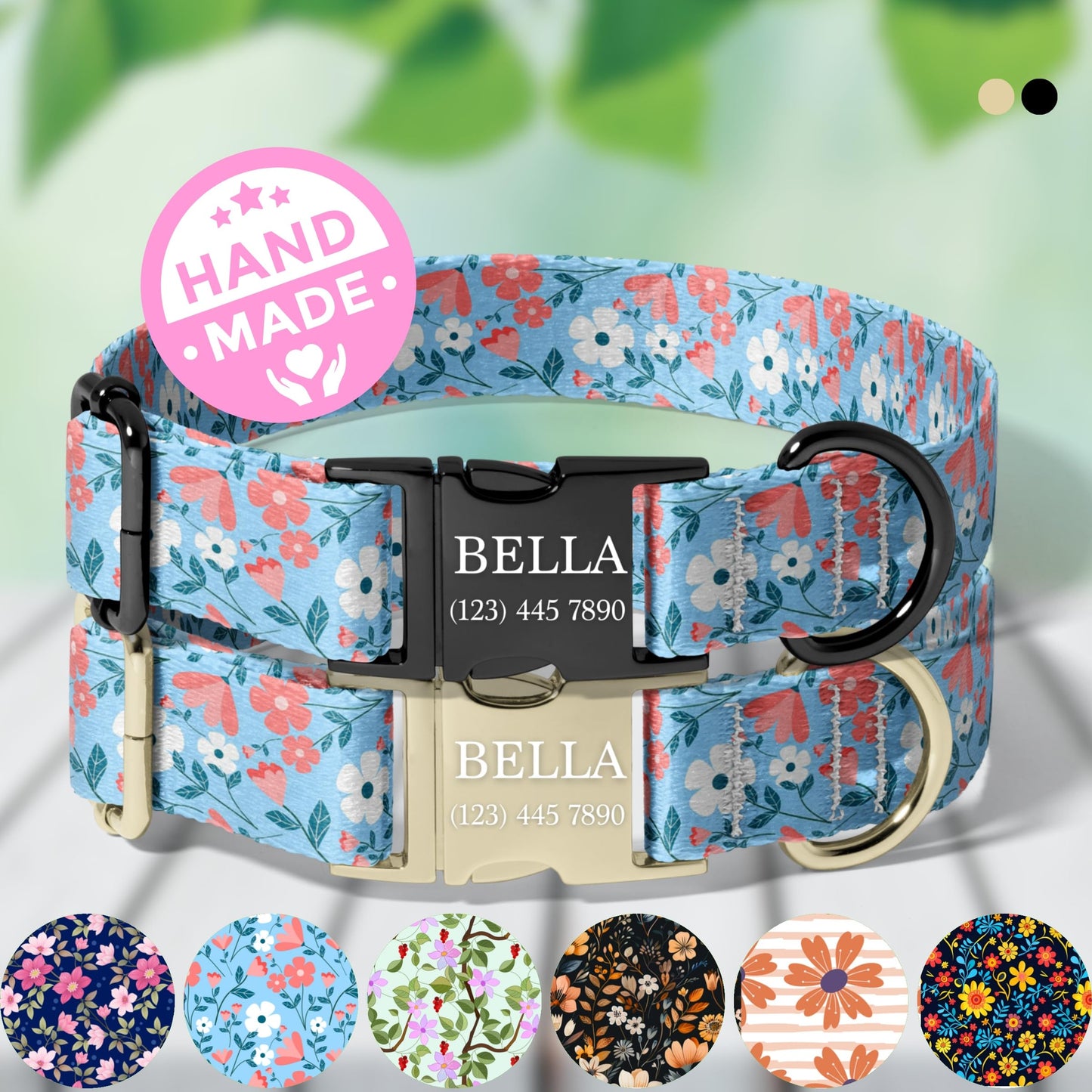 Personalized Floral Dog Collar light floral Custom Name Adjustable Quick Release Durable Pet Collar RET-608-02