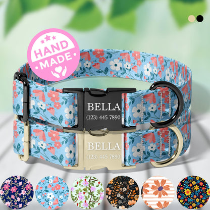 Personalized Floral Dog Collar light floral Custom Name Adjustable Quick Release Durable Pet Collar RET-608-02