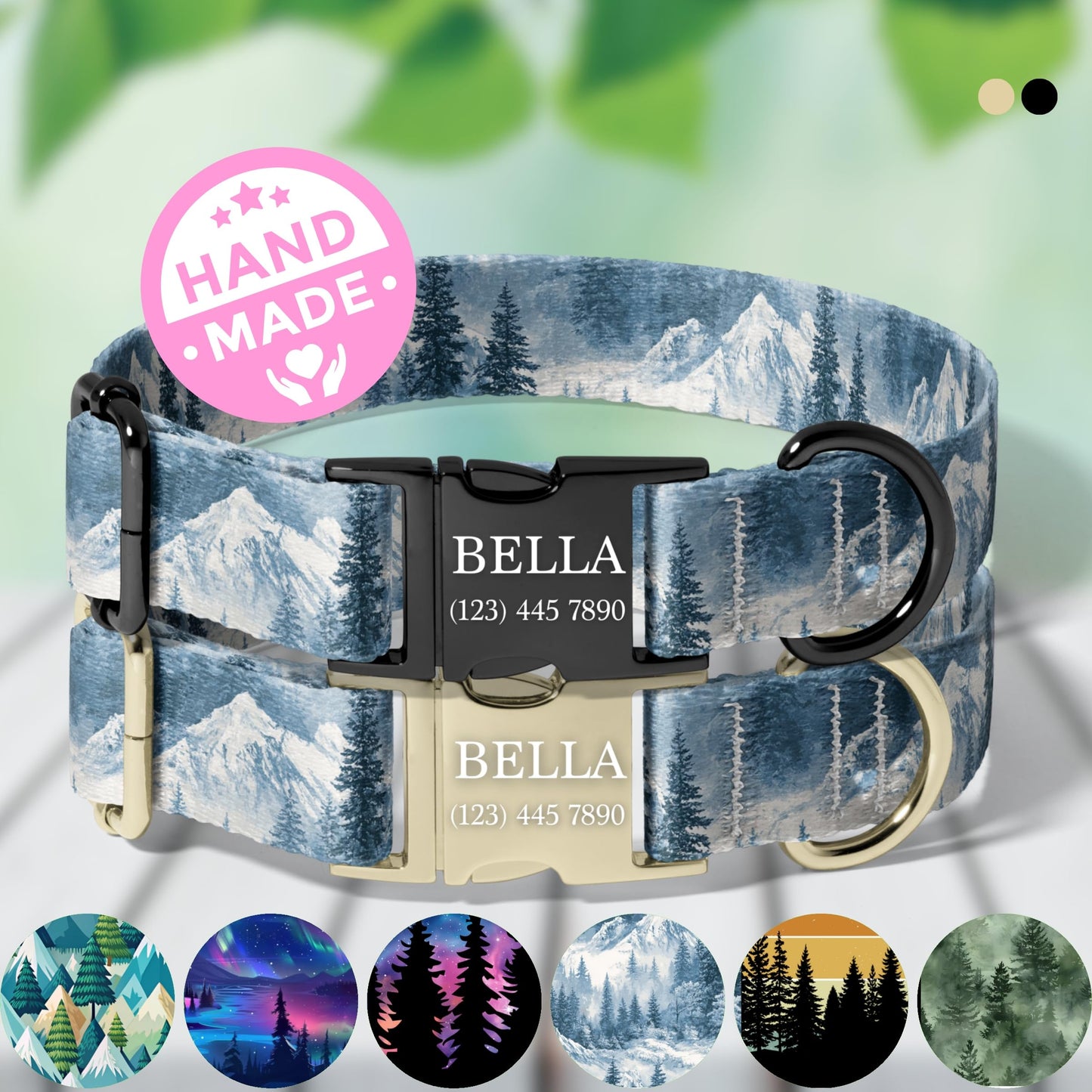 Winter Mountain Dog Collar Personalized Engraved Name Snow Forest Adjustable Pet Collar RET-602-04