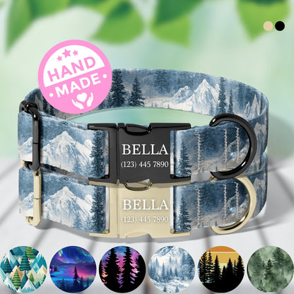 Winter Mountain Dog Collar Personalized Engraved Name Snow Forest Adjustable Pet Collar RET-602-04