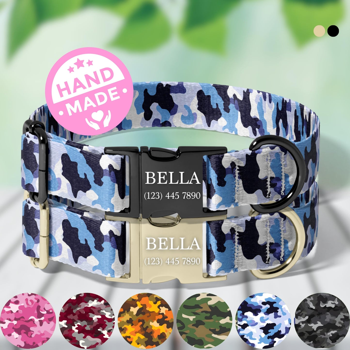 Blue camo Camo Personalized Dog Collar Adjustable Engraved Name Buckle Quick Release Pet Collar RET-614-05
