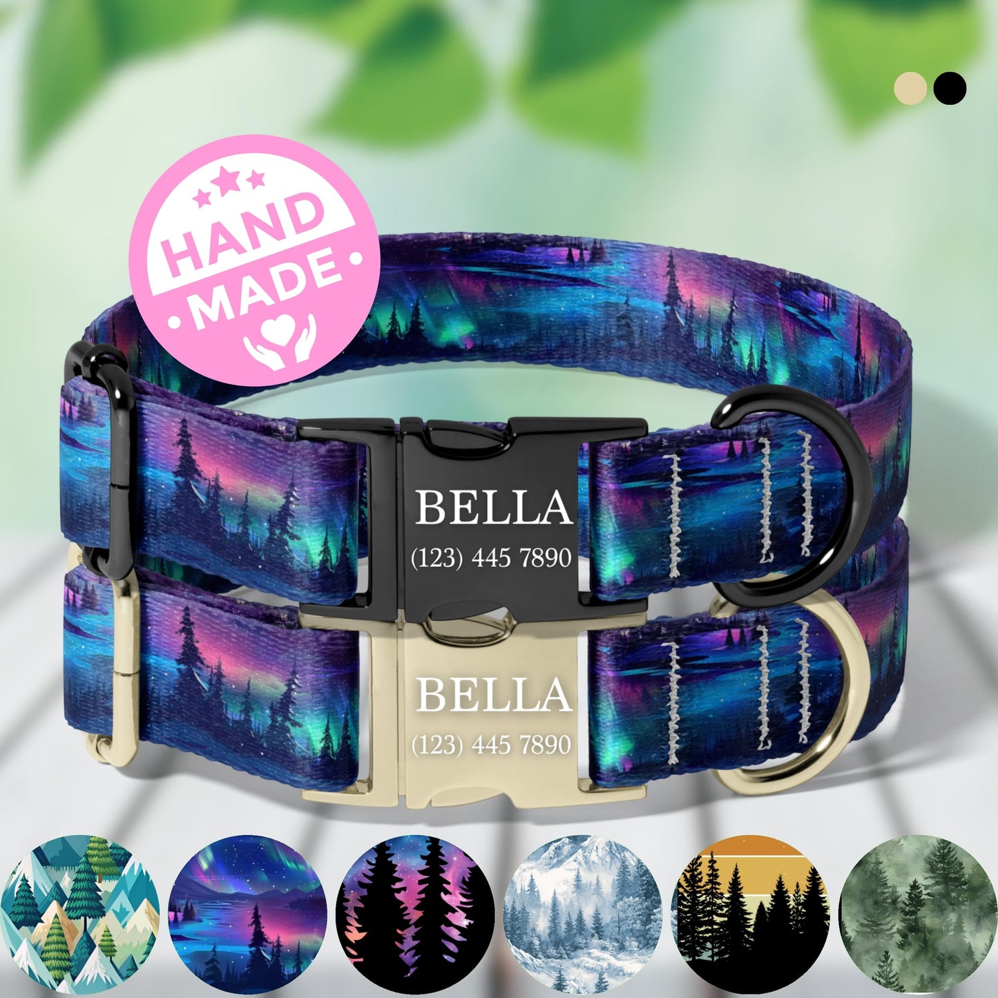 Northern Lights Dog Collar Personalized Engraved Name Buckle Galaxy Forest Adjustable Pet Collar RET-602-02