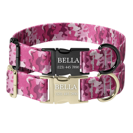 Pink camo Camo Personalized Dog Collar Adjustable Engraved Name Buckle Quick Release Pet Collar RET-614-01