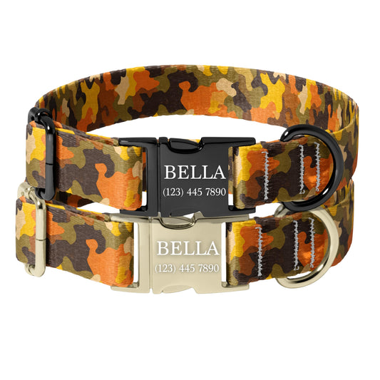 Orange camo Camo Personalized Dog Collar Adjustable Engraved Name Buckle Quick Release Pet Collar RET-614-03