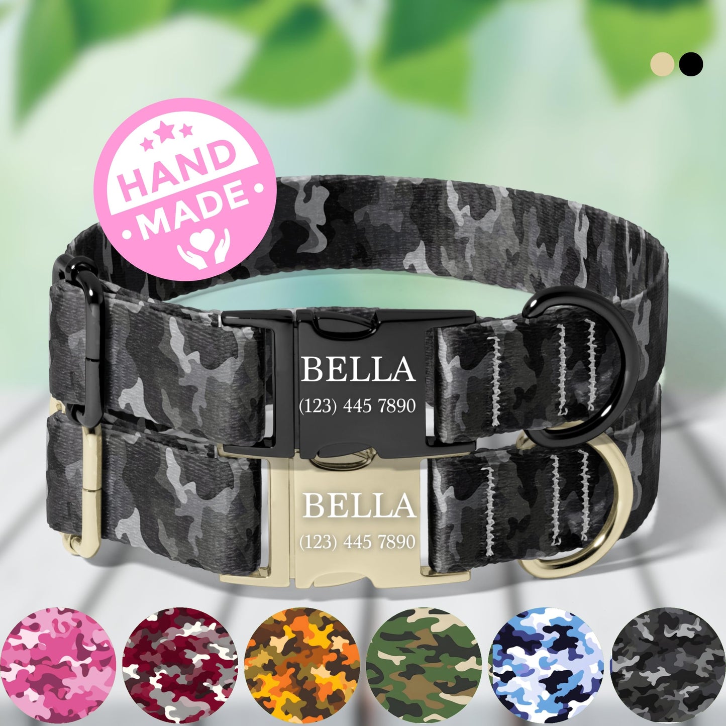 Black camo Camo Personalized Dog Collar Adjustable Engraved Name Buckle Quick Release Pet Collar RET-614-06