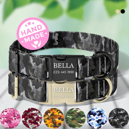 Black camo Camo Personalized Dog Collar Adjustable Engraved Name Buckle Quick Release Pet Collar RET-614-06