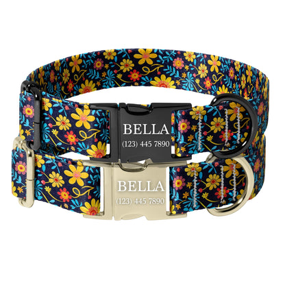Personalized Floral Dog Collar bright floral Custom Name Adjustable Quick Release Durable Pet Collar RET-608-06