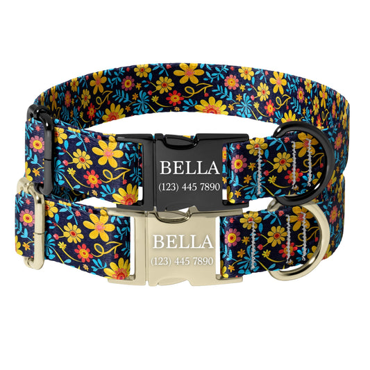 Personalized Floral Dog Collar bright floral Custom Name Adjustable Quick Release Durable Pet Collar RET-608-06
