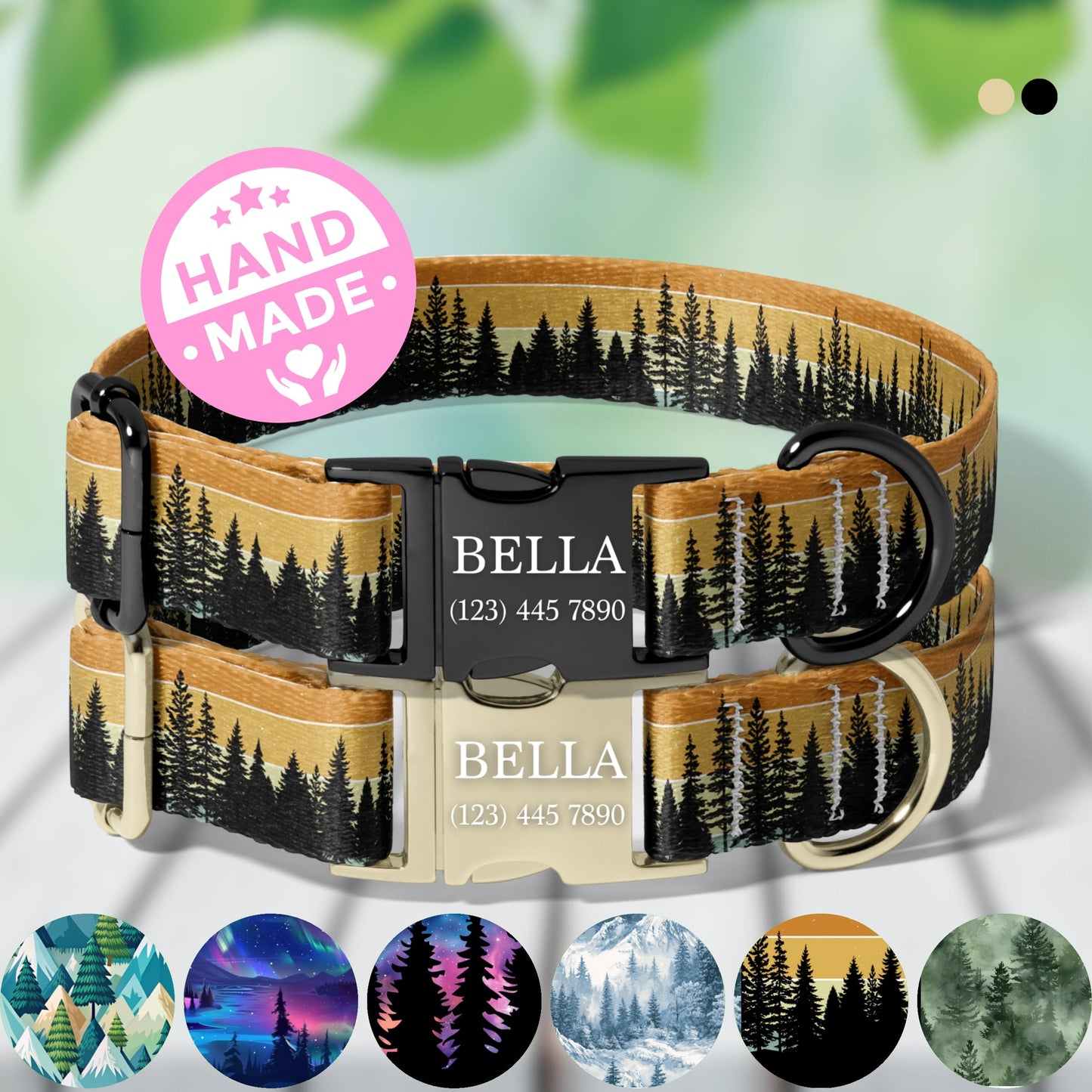 Sunset Forest Dog Collar Personalized Engraved Name Rustic Outdoor Adjustable Pet Collar RET-602-05