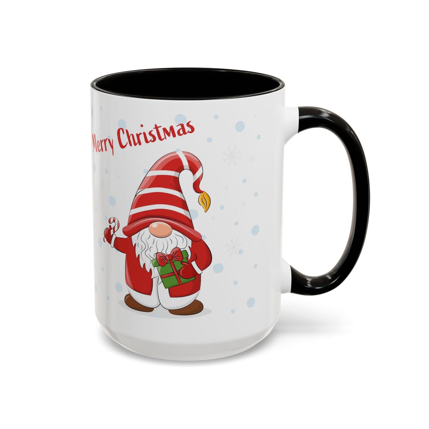 Merry Christmas gnome mug with candy cane and gift design, perfect for holiday beverages.