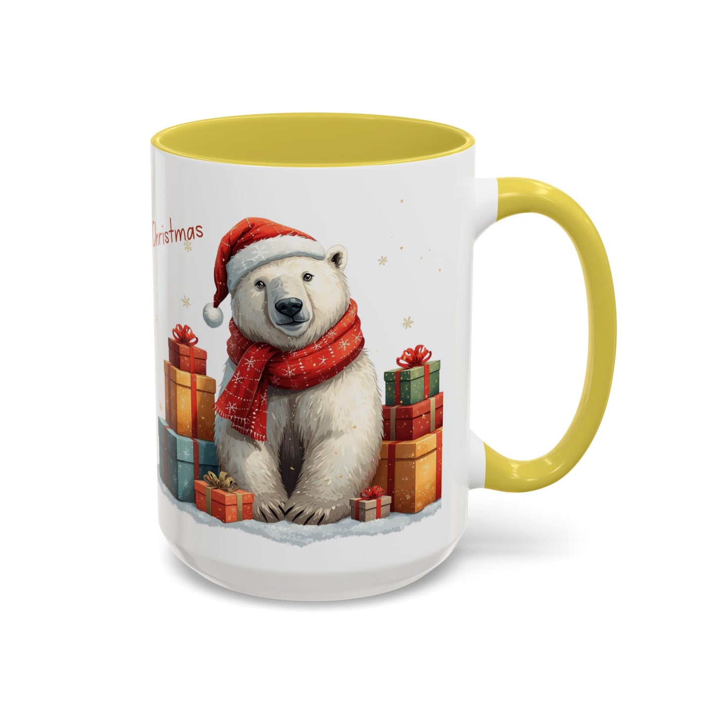 Cute Polar Bear Christmas mug with a red scarf and Santa hat, surrounded by colorful gift boxes.