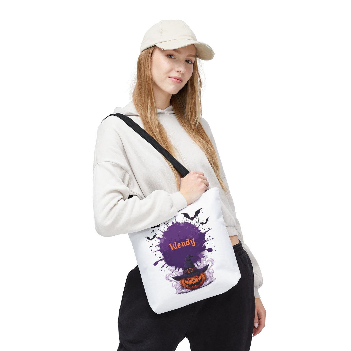 Personalized Kids Halloween Treat Bag featuring a witch hat and pumpkins, custom name 'Wendy' in spooky design.