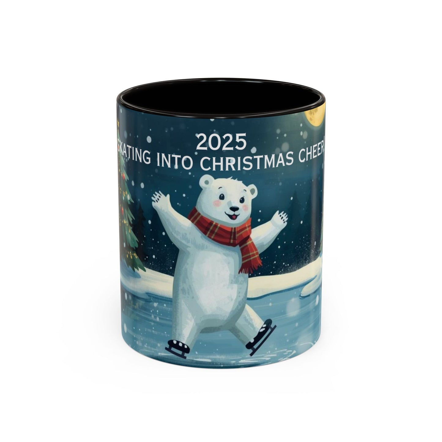 Polar Bear Christmas mug, decorated with festive trees and holiday scenes, perfect for warm drinks during the holidays.