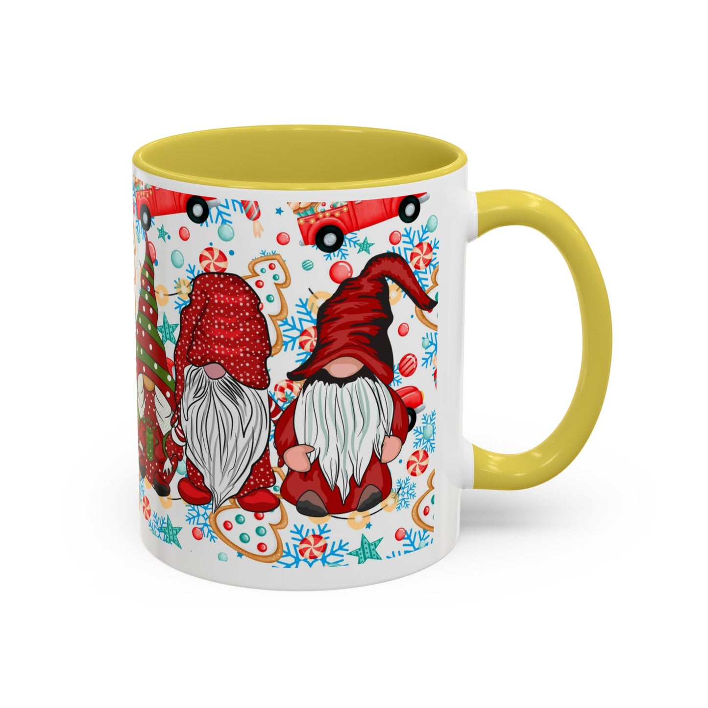 Festive Christmas gnome coffee mug with gingerbread design and snowflakes, perfect for holiday enjoyment.