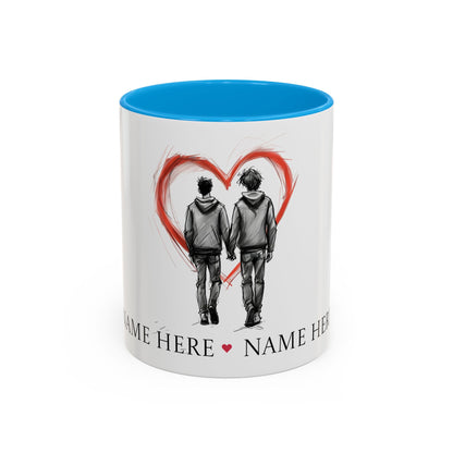 Personalized gay couple coffee mug with names, heart design, perfect for anniversaries and weddings.