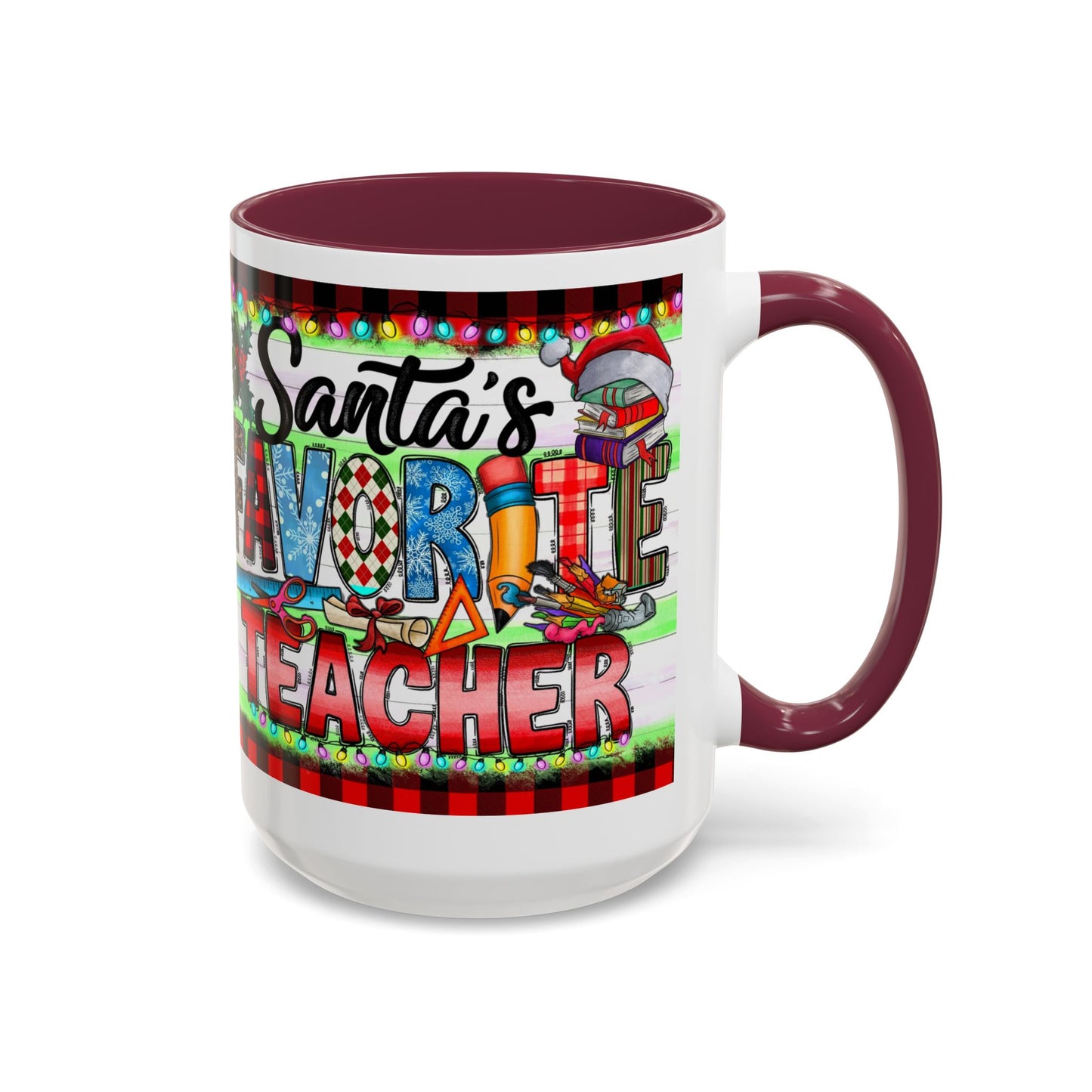  Santa's favorite teacher mug, perfect holiday gift for educators with festive design and vibrant colors.