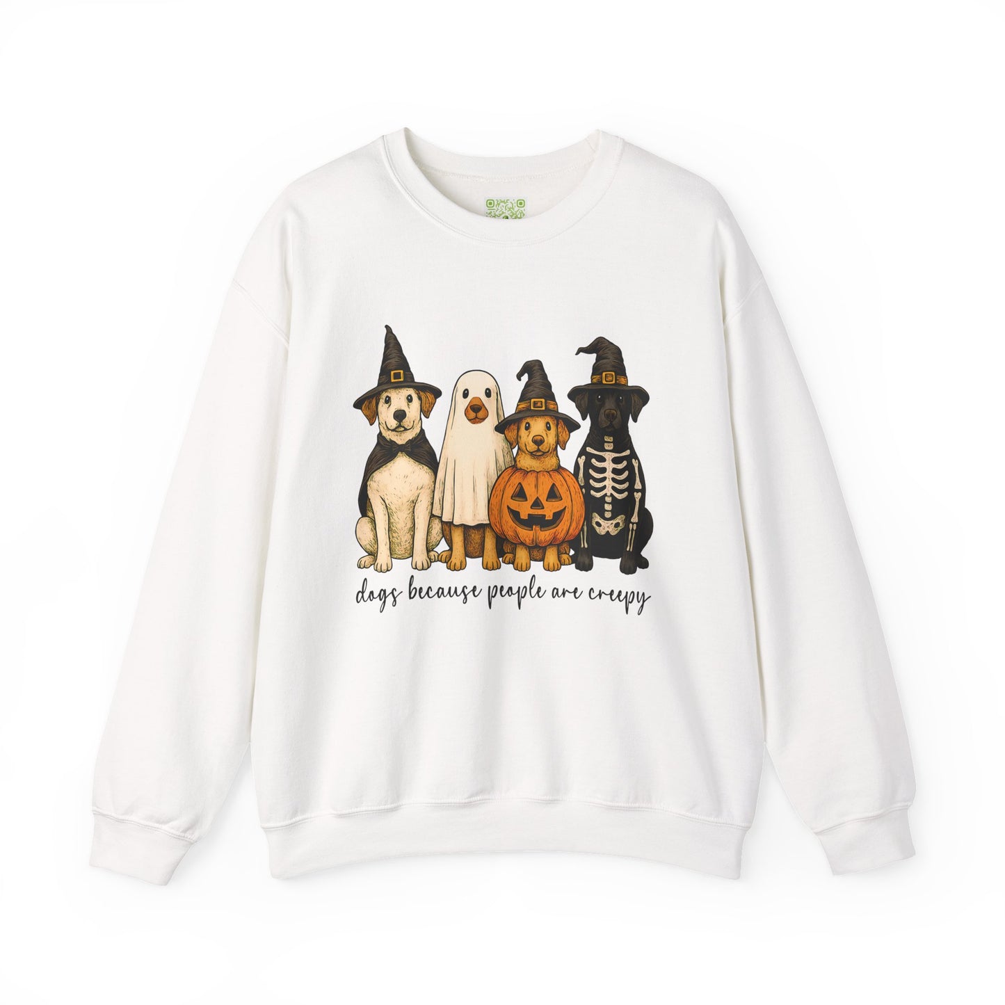 White sweatshirt featuring cute dogs in Halloween costumes with text 'dogs because people are creepy'.