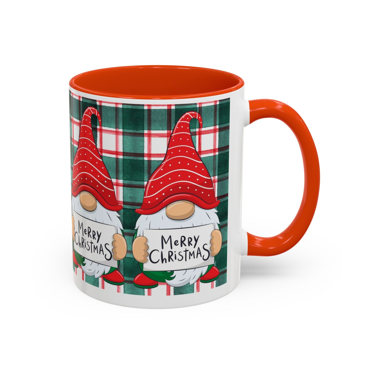 Festive Christmas gnome mug with holiday design, featuring gnomes and a plaid background.