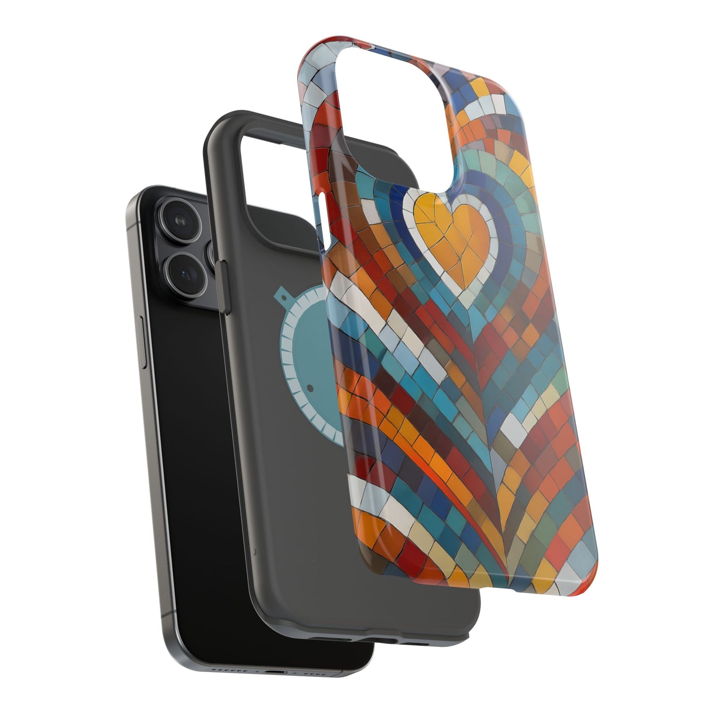 Magnetic Heart Mosaic iPhone Case, Faux Stained Glass, Trendy Phone Cover, Artistic Phone Case, Wireless Charging