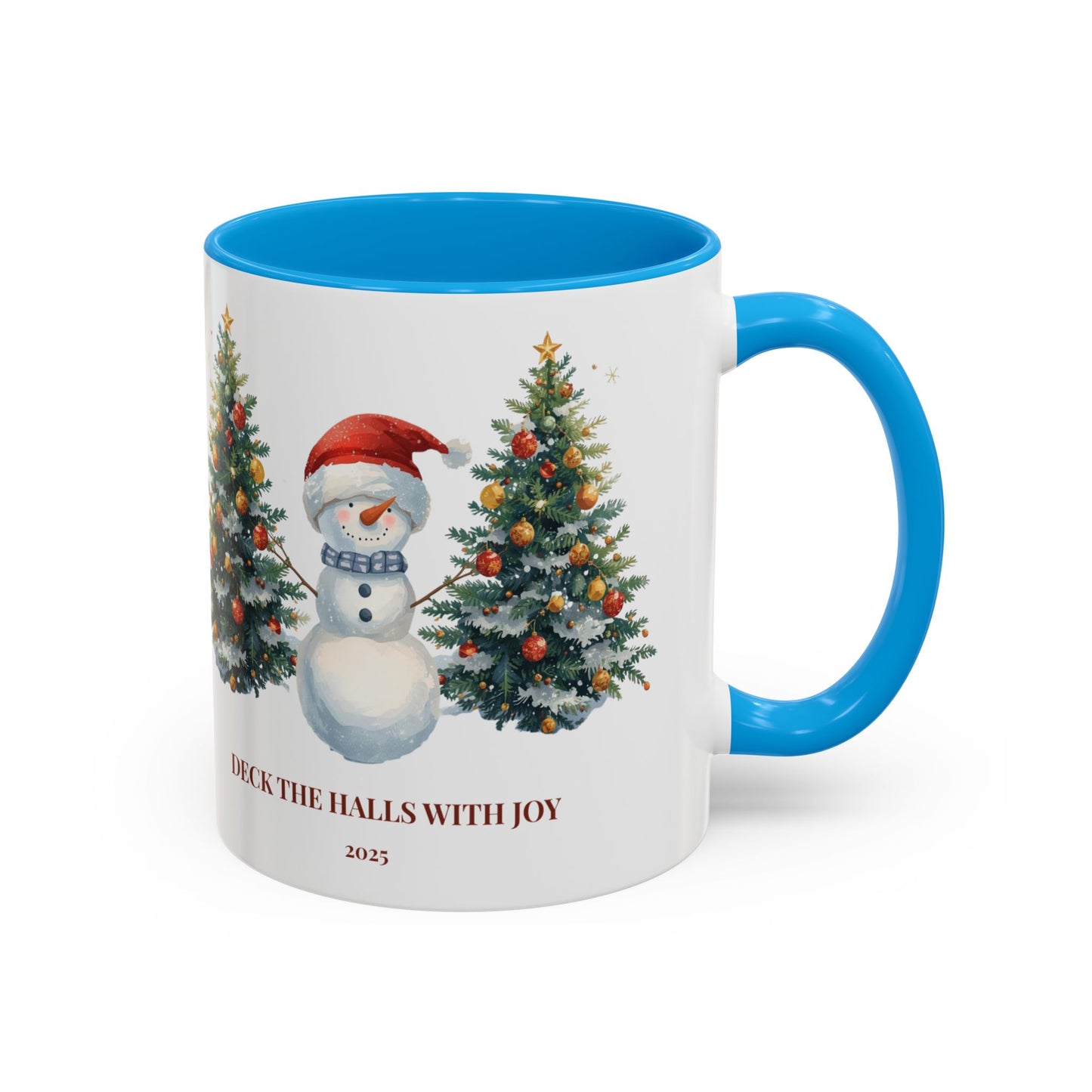 Festive snowman coffee mug featuring cheerful Christmas trees and a joyful holiday design.