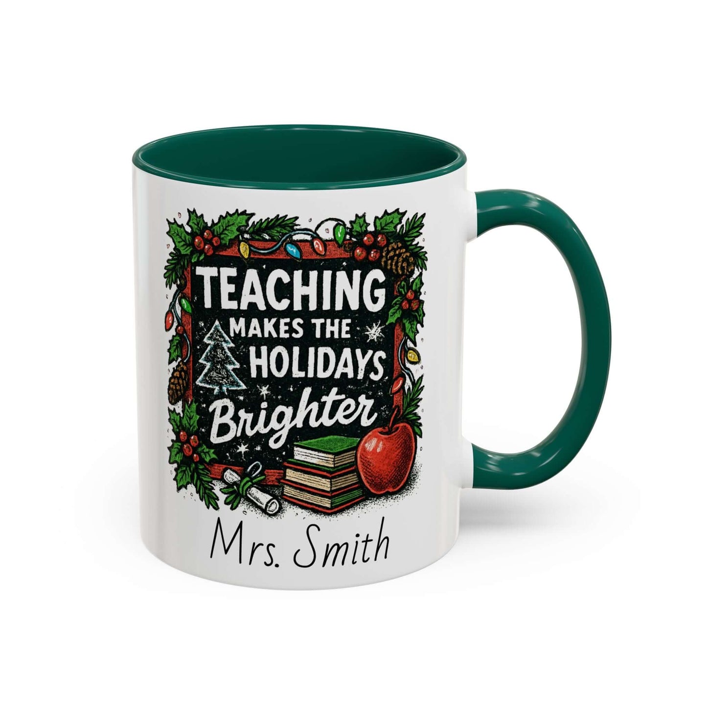 Personalized teacher holiday mug with festive design, marshmallows, and candy cane for a joyful gift.