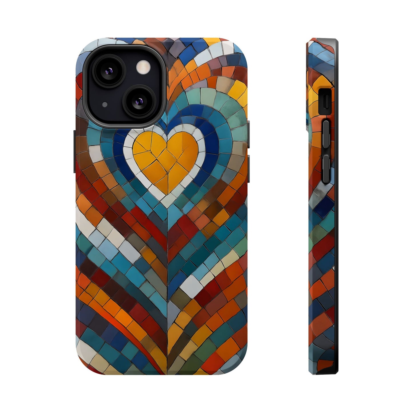 Magnetic Heart Mosaic iPhone Case, Faux Stained Glass, Trendy Phone Cover, Artistic Phone Case, Wireless Charging
