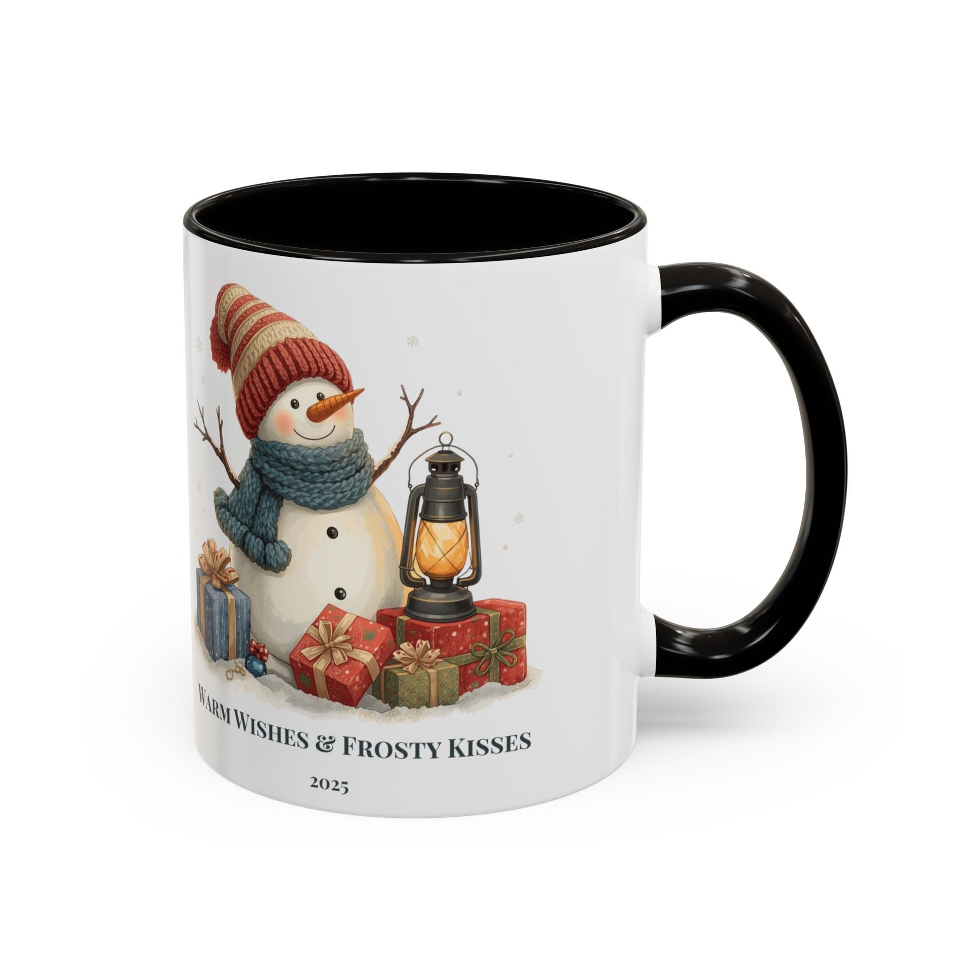 Snowman coffee mug with warm wishes and frosty kisses message, featuring a cheerful snowman and lantern design.