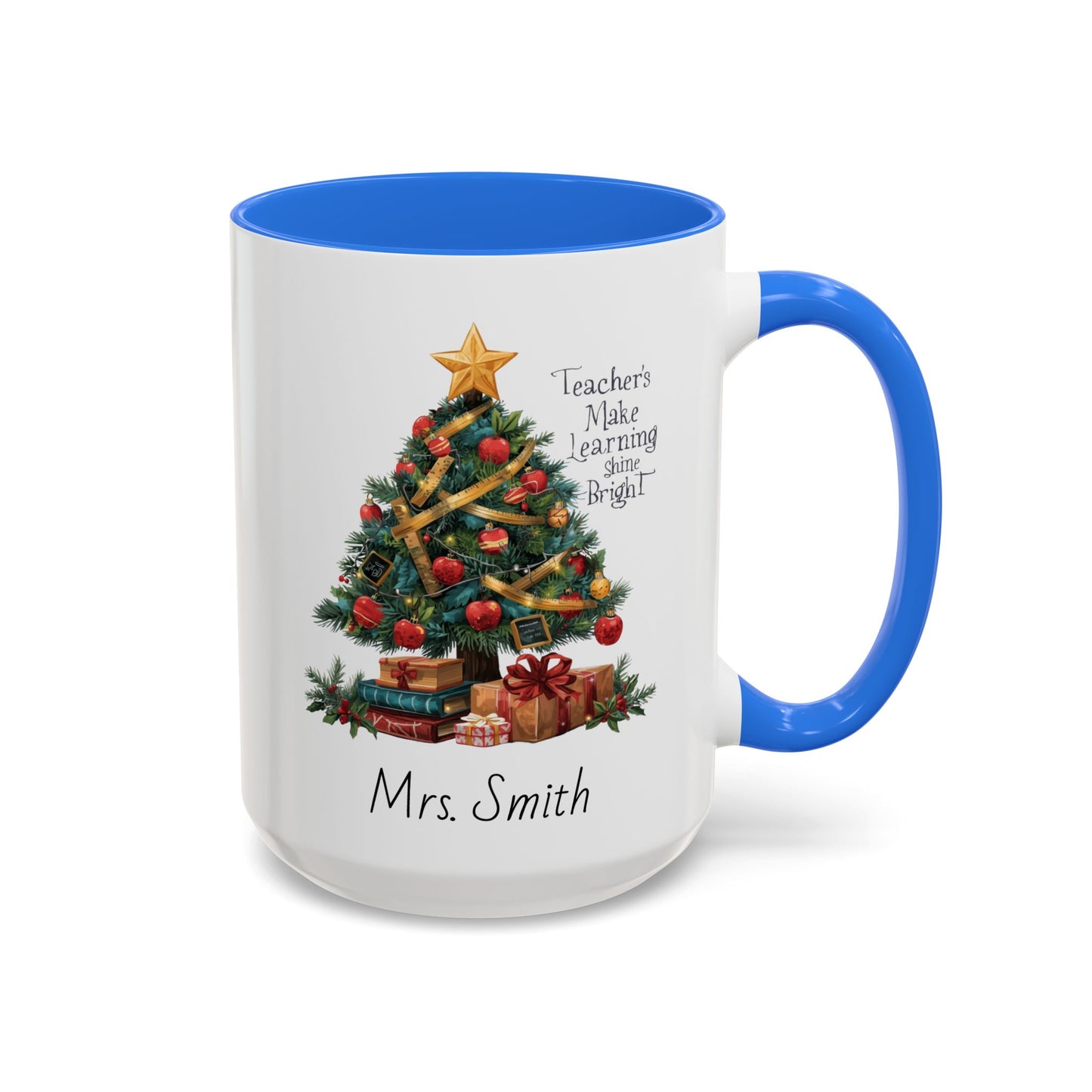 Personalized Christmas teacher mug with festive tree design, custom name, red handle, perfect holiday gift.
