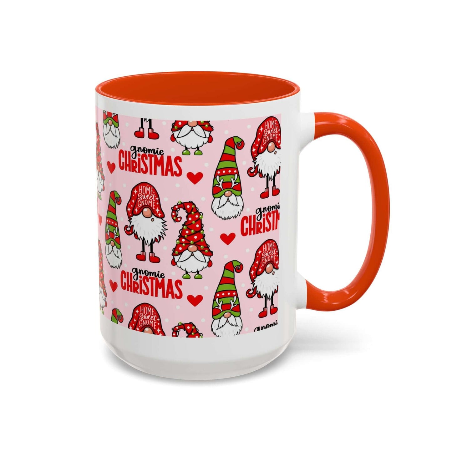 Festive Christmas gnome coffee mug with red handle and colorful gnome patterns on pink background.