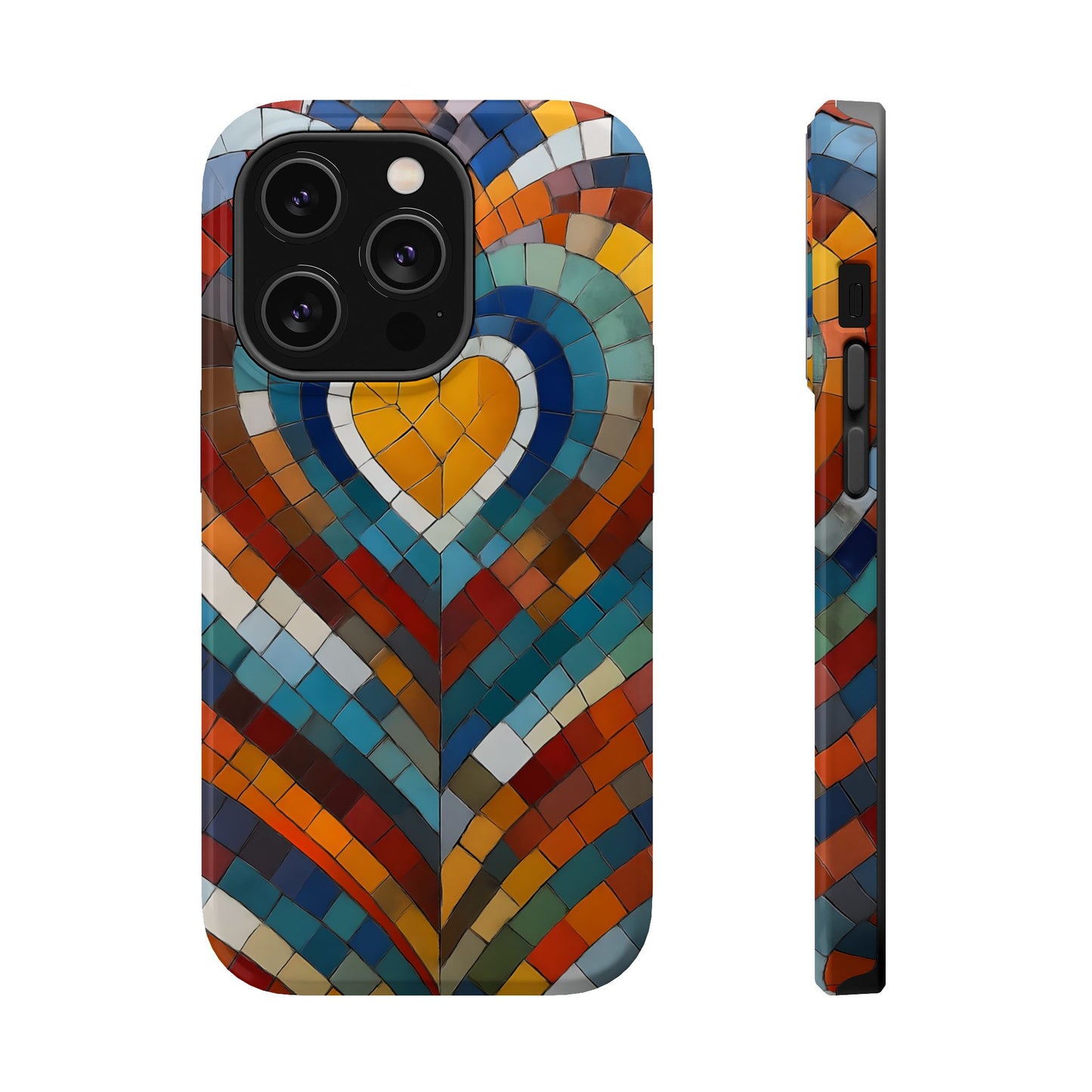 Magnetic Heart Mosaic iPhone Case, Faux Stained Glass, Trendy Phone Cover, Artistic Phone Case, Wireless Charging