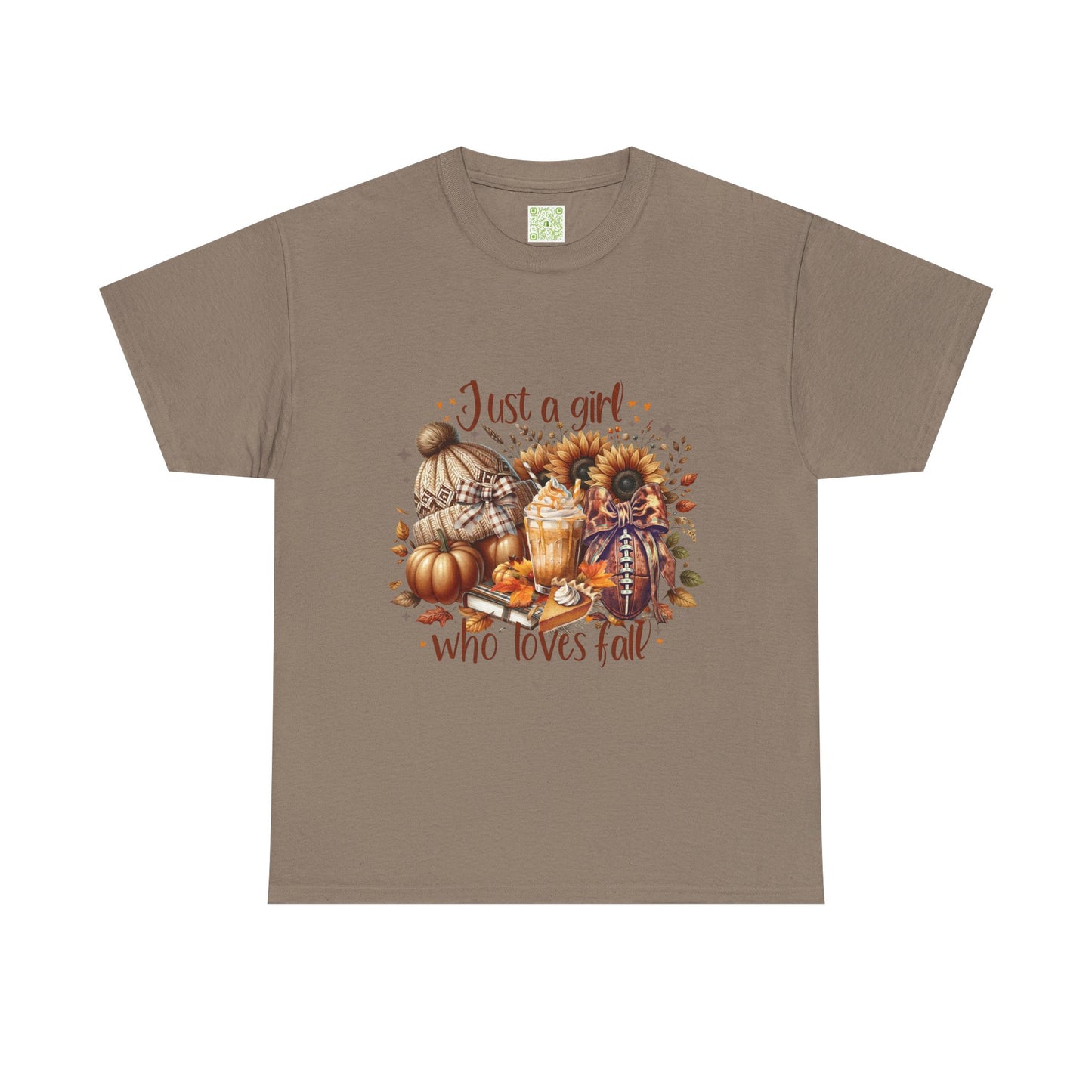  Fall-themed unisex tee featuring 'Just a Girl Who Loves Fall' design, perfect for autumn wear.