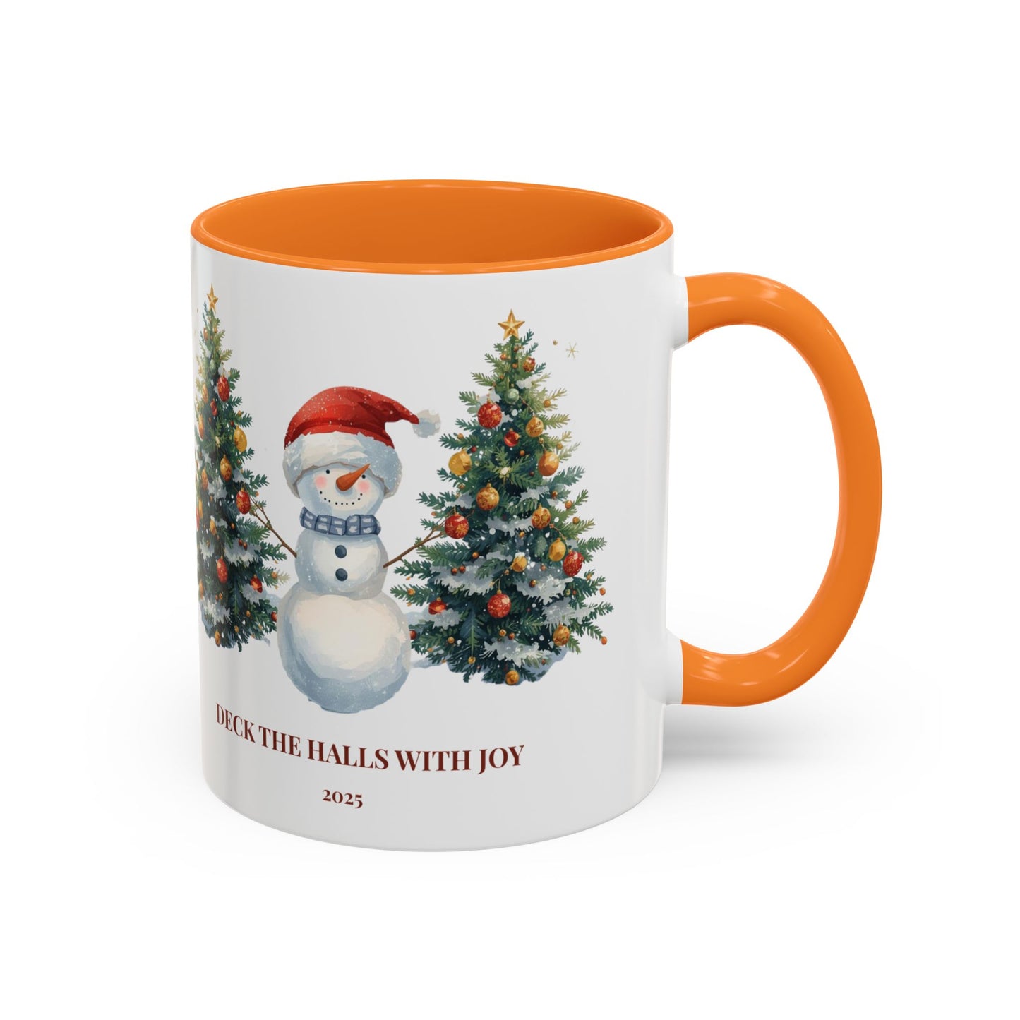 Festive snowman coffee mug featuring cheerful Christmas trees and a joyful holiday design.