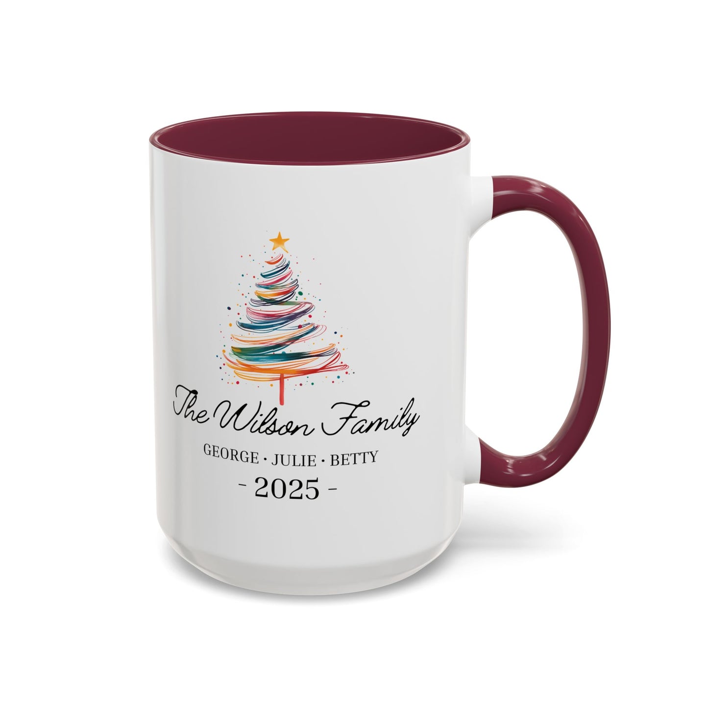 Personalized Family Christmas Mug, Custom Family Name Holiday Coffee Cup 2025, Colorful Christmas Tree Mug, Family Christmas Gift