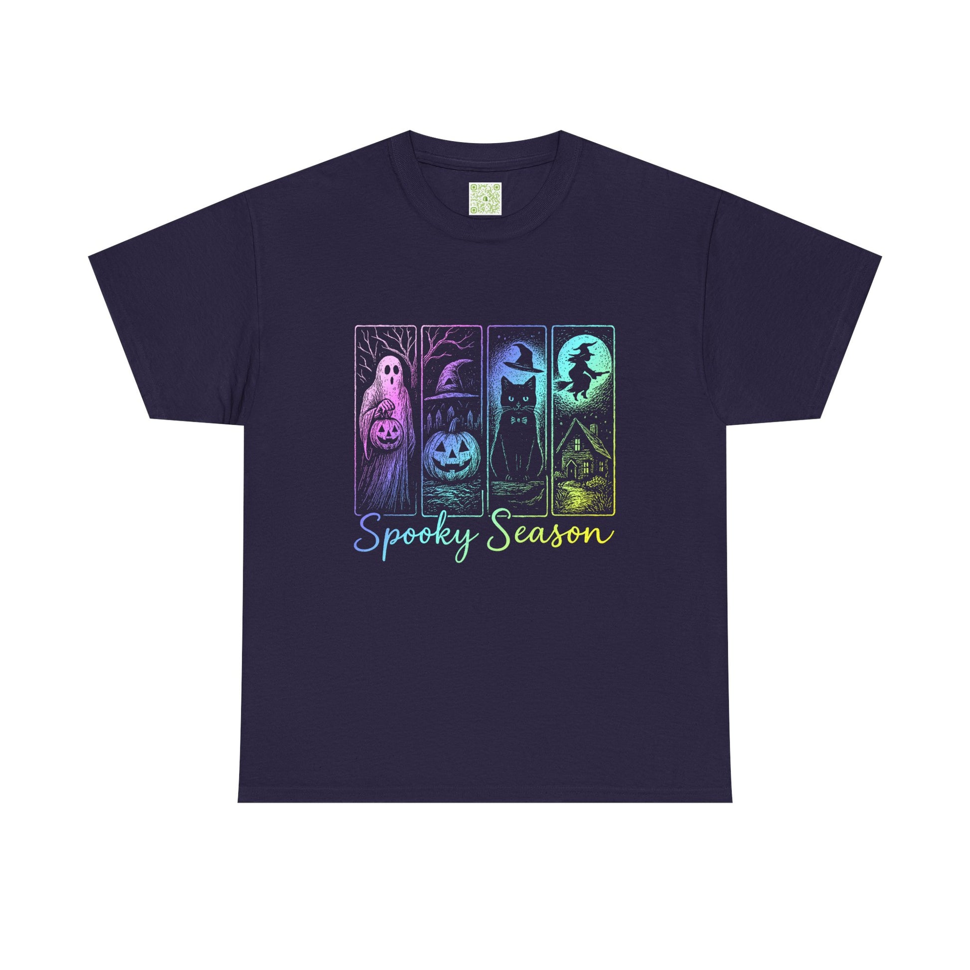 Halloween Pumpkin Shirt featuring spooky graphics like ghosts, pumpkins, and witches for the festive season.