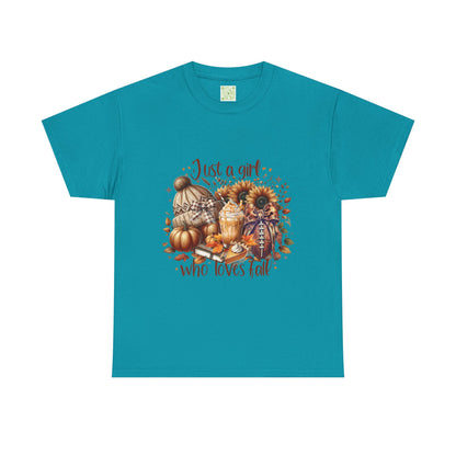  Fall-themed unisex tee featuring 'Just a Girl Who Loves Fall' design, perfect for autumn wear.