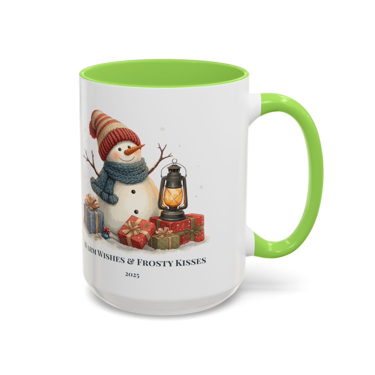 Snowman coffee mug with warm wishes and frosty kisses message, featuring a cheerful snowman and lantern design.